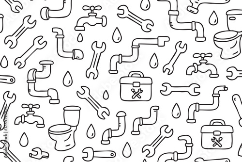Plumbing tools and fixtures seamless pattern with wrenches and pipes. Vector doodle illustration