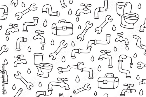 Plumbing tools and fixtures pattern with wrenches, toilets, and faucets in a continuous design. Vector doodle illustration