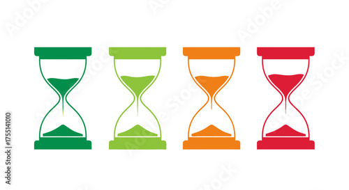Visual representation of time progression with colorful hourglasses showing different stages of sand falling