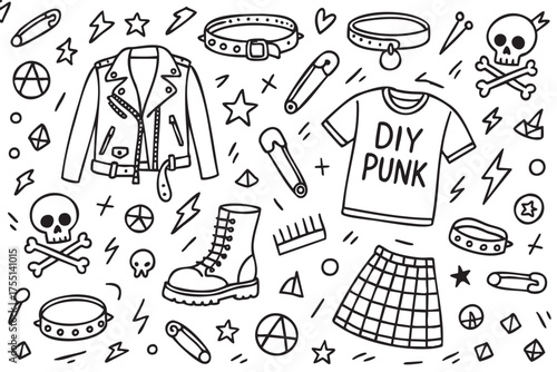 Punk fashion doodle: jacket, boot, collar, skirt, diy shirt, skulls, symbols. Vector doodle illustration