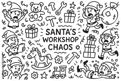 Santa's workshop chaos with busy elves, toys, gifts, and tools in festive black and white line art. Vector doodle illustration