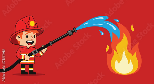 Brave Firefighter Hero Actively Dousing a Bright Orange Flame with Water from a Hose Demonstrating Emergency Response and Safety Precautions