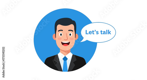 Engaging businessman character with a speech bubble saying Let's talk a great way to connect and communicate ideas effectively