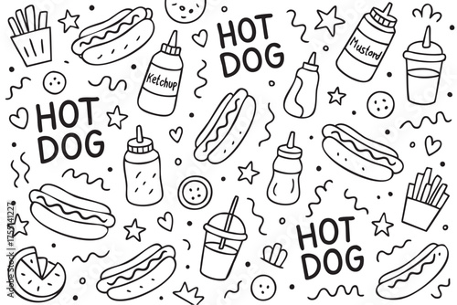Seamless black and white hot dog pattern with condiments and snacks. Vector doodle illustration