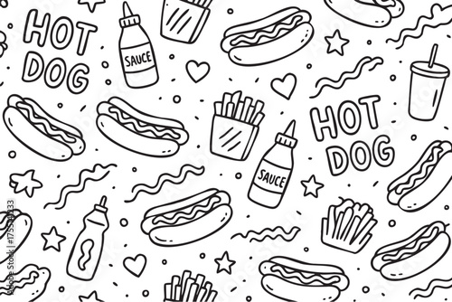 Seamless hot dog pattern with fries, sauce bottles, and drinks in black and white. Vector doodle illustration