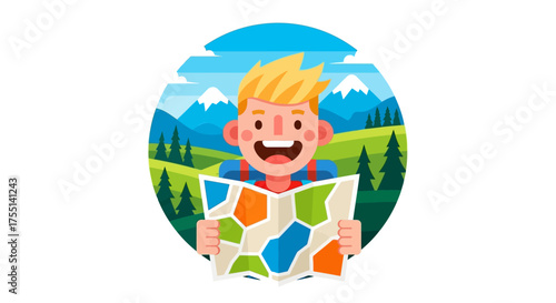 Excited young adventurer studying a colorful map surrounded by majestic mountains and lush green landscapes on a beautiful sunny day