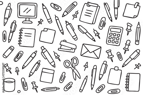 Seamless office supplies pattern featuring pens, scissors, notebooks, and more. Vector doodle illustration