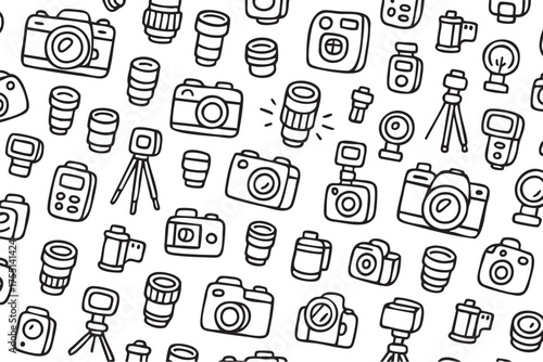 Seamless pattern of camera and photography equipment icons in black and white. Vector doodle illustration