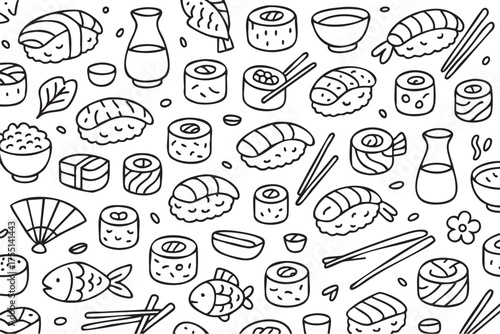 Seamless pattern of sushi and japanese cuisine elements in black and white line art. Vector doodle illustration
