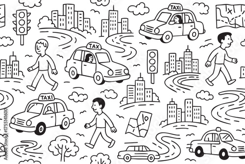 Seamless urban pattern with pedestrians and taxis in cityscape background. Vector doodle illustration
