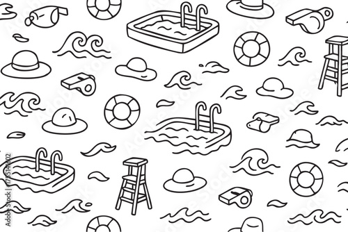Seamless summer beach pattern with pools, waves, hats, lifebuoys, and whistles. Vector doodle illustration