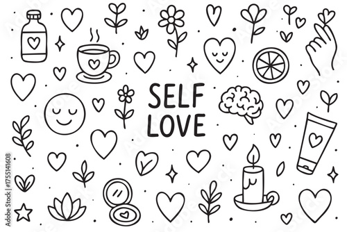 Self love doodle pattern with hearts, flowers, and wellness icons in black and white. Vector doodle illustration