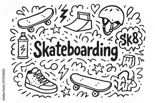 Skateboarding doodle with skateboard, helmet, and graffiti elements. Vector doodle illustration