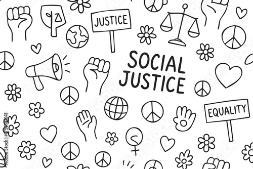 Social justice symbols and icons representing equality and activism on seamless pattern. Vector doodle illustration