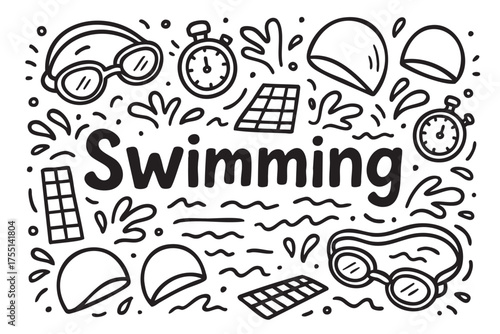 Swimming accessories doodles: goggles, caps, timers, and pools in black and white. Vector doodle illustration