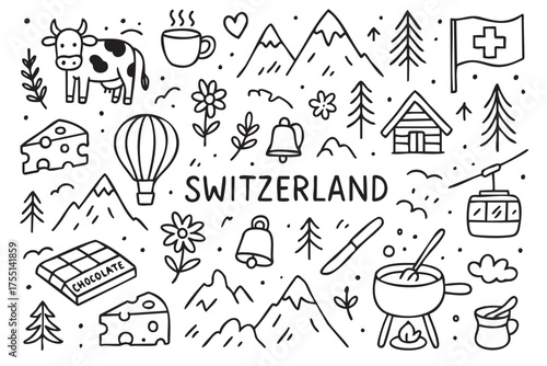 Switzerland symbols and icons: cheese, chocolate, swiss flag, mountains, cow, fondue, bell. Vector doodle illustration