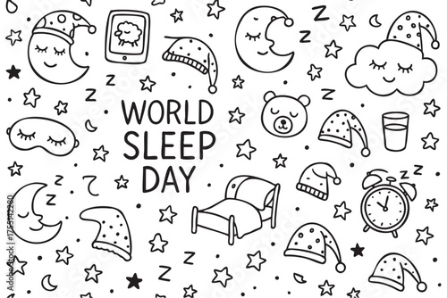 World sleep day doodles: moon, stars, bed, pajamas, and sleepy designs on white background. Vector doodle illustration