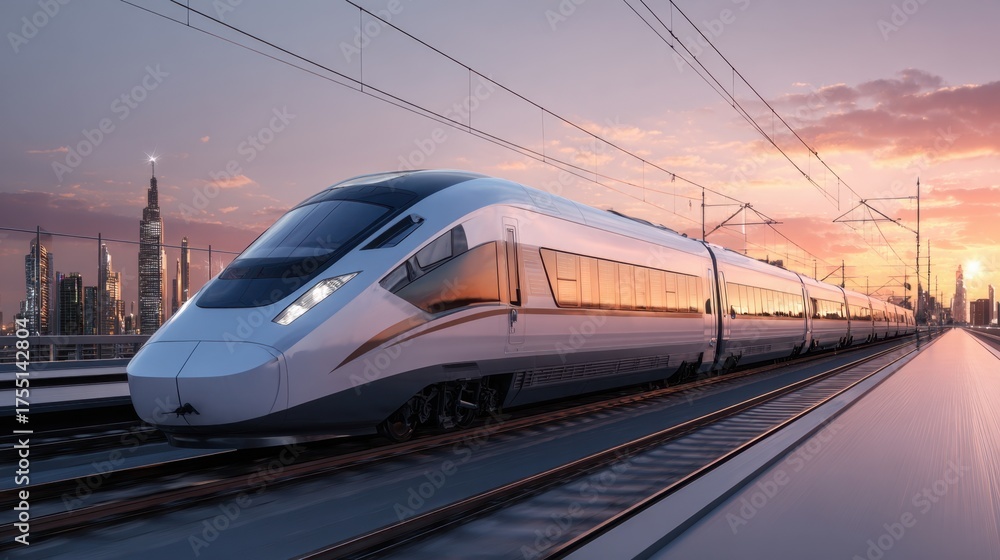 Fototapeta premium A sleek high-speed train glides smoothly over tracks with a colorful sunset illuminating the sky. The city skyline features tall buildings showcasing modern architecture.