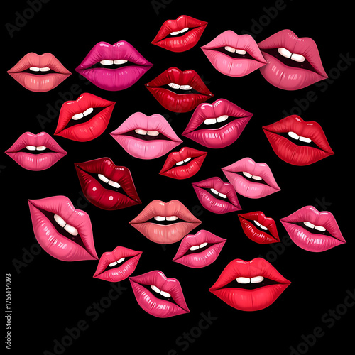 A seamless pattern of various red and pink female lips with white teeth isolated on a solid black background