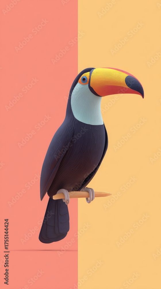 Naklejka premium Colorful Toucan Perched on Branch with Orange and Yellow Background.