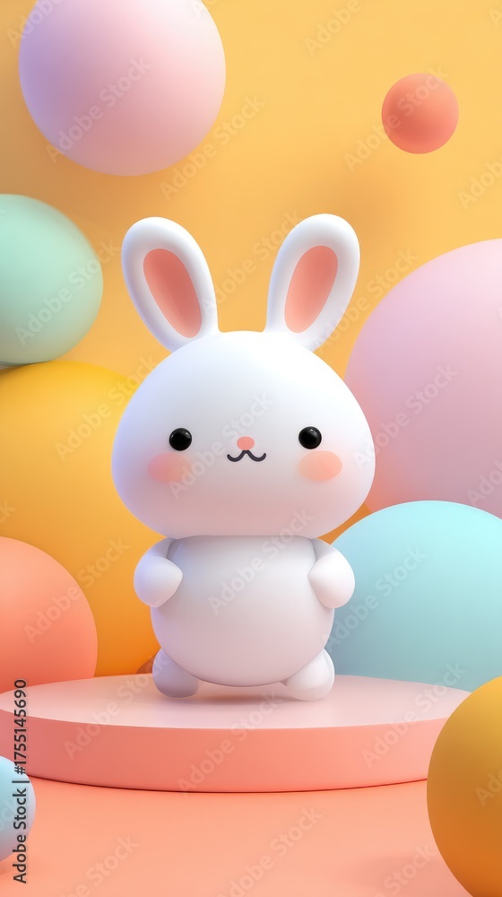 Obraz premium Cute Bunny Rabbit on a Pink Pedestal with Colorful Background.