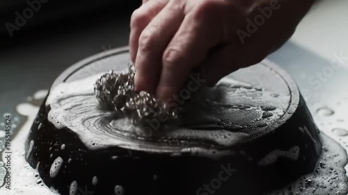 A hand scrubs a cast iron skillet with a steel wool scrubber and soap.