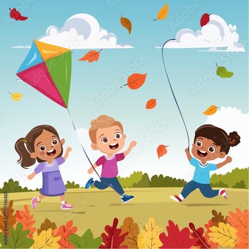 Lachende Kinder lassen einen Drachen steigen