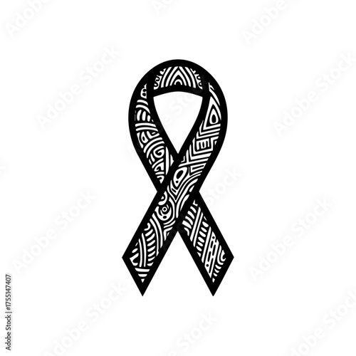 A black-and-white cancer awareness ribbon with tribal patterns representing support for cancer awareness and solidarity.

