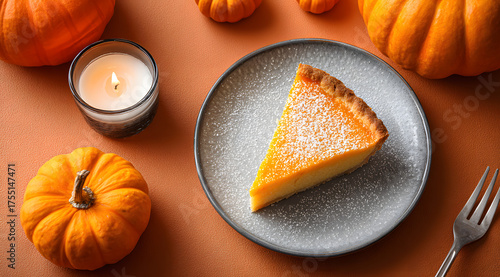 A slice of pumpkin cheesecake sits on a plate surrounded by pumpkins and a lit candle, creating a warm fall atmosphere