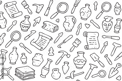 Archaeology icons pattern with vases, scrolls, and tools on white background. Vector doodle illustration