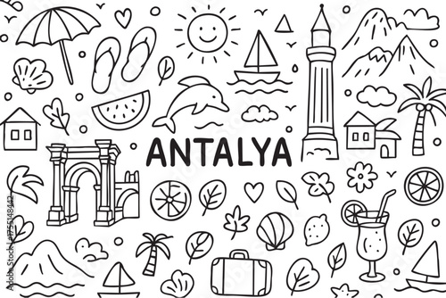 Antalya icons: landmarks, nature, and leisure in simple black line art for travel lovers. Vector doodle illustration