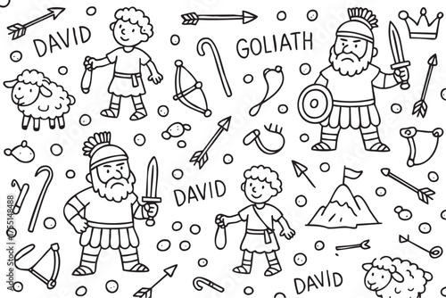 Biblical doodle: david and goliath in black and white cartoon style. Vector doodle illustration