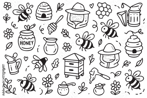 Black and white beekeeping icons: bees, bee hives, honey, flowers, tools. Vector doodle illustration
