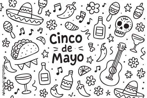 Cinco de mayo celebration: icons of mexican culture and festivity in black and white doodles. Vector doodle illustration