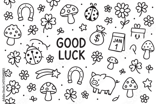 Good luck symbols: horseshoes, clovers, mushrooms, and more in black and white doodle style. Vector doodle illustration