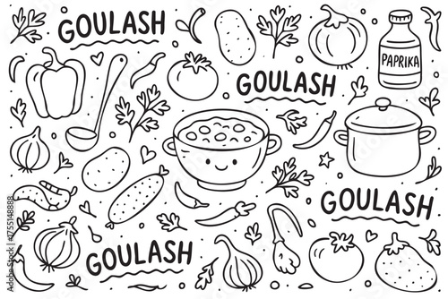 Goulash cooking ingredients and utensils in line art style. Vector doodle illustration