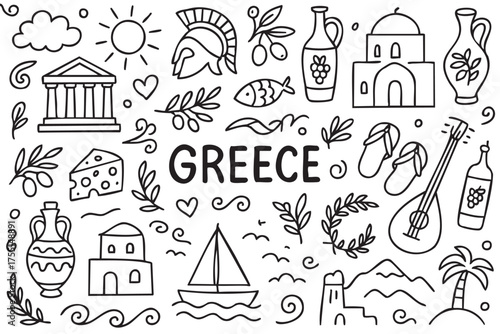 Greece symbols and icons doodle - greek architecture, culture, and nature elements. Vector doodle illustration