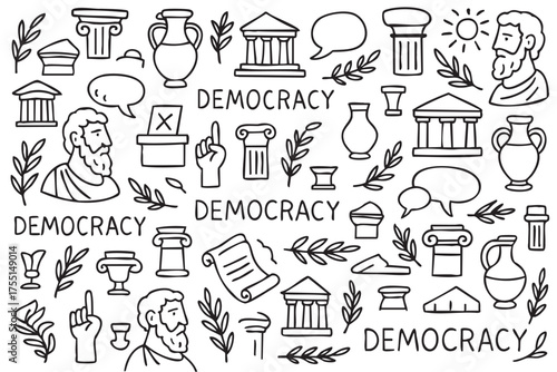 Illustrated symbols of democracy and ancient greek influence. Vector doodle illustration