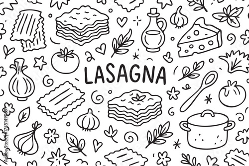 Lasagna ingredients doodle: illustrations of pasta, tomatoes, onions, garlic, and herbs. Vector doodle illustration