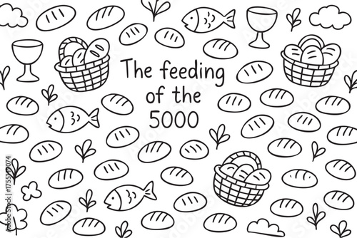 Loaves and fish line art pattern with baskets, fish, and goblets. Vector doodle illustration