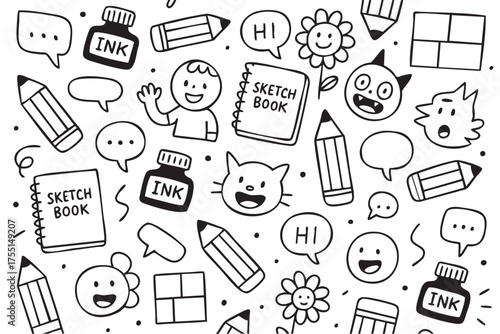 Playful doodle pattern with sketchbooks, pencils, ink, and cartoony faces on white background. Vector doodle illustration