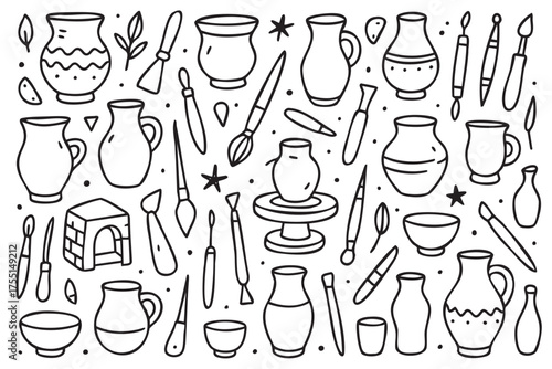 Pottery and painting tools pattern with vases, cups, and brushes. Vector doodle illustration