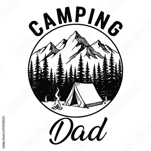 Camping Dad' outdoor adventure emblem. Vintage mountain and forest t-shirt design for Father's Day.