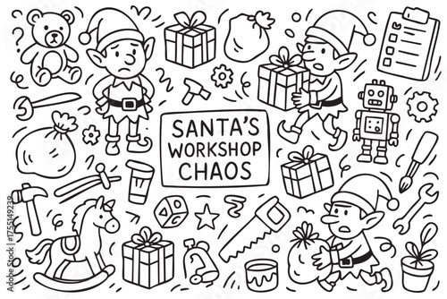 Santa's workshop chaos with busy elves and toys in christmas preparation. Vector doodle illustration