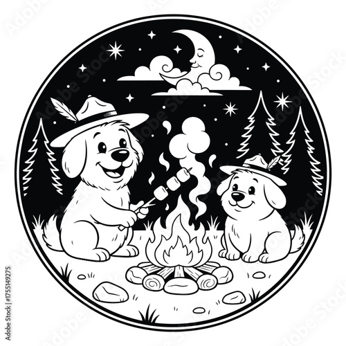 Cute cartoon dogs camping at night. Black and white line art illustration for coloring book page.