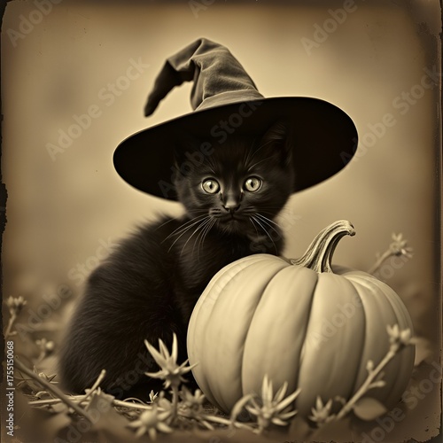 halloween cat with pumpkin vintage style 