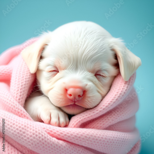 White puppy wrapped in blanket