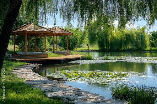 Serene lakeside gazebos above lily pond under willow branches