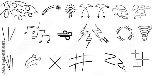 Hand-drawn elements. Speech bubbles, stars and swirls, lightning, and music sound minimal icons for comics and media. Manga hand-drawn set collection. Vector set 