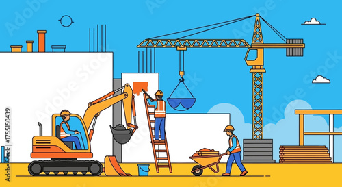 Busy construction site with workers excavator and crane Development labor and building industry